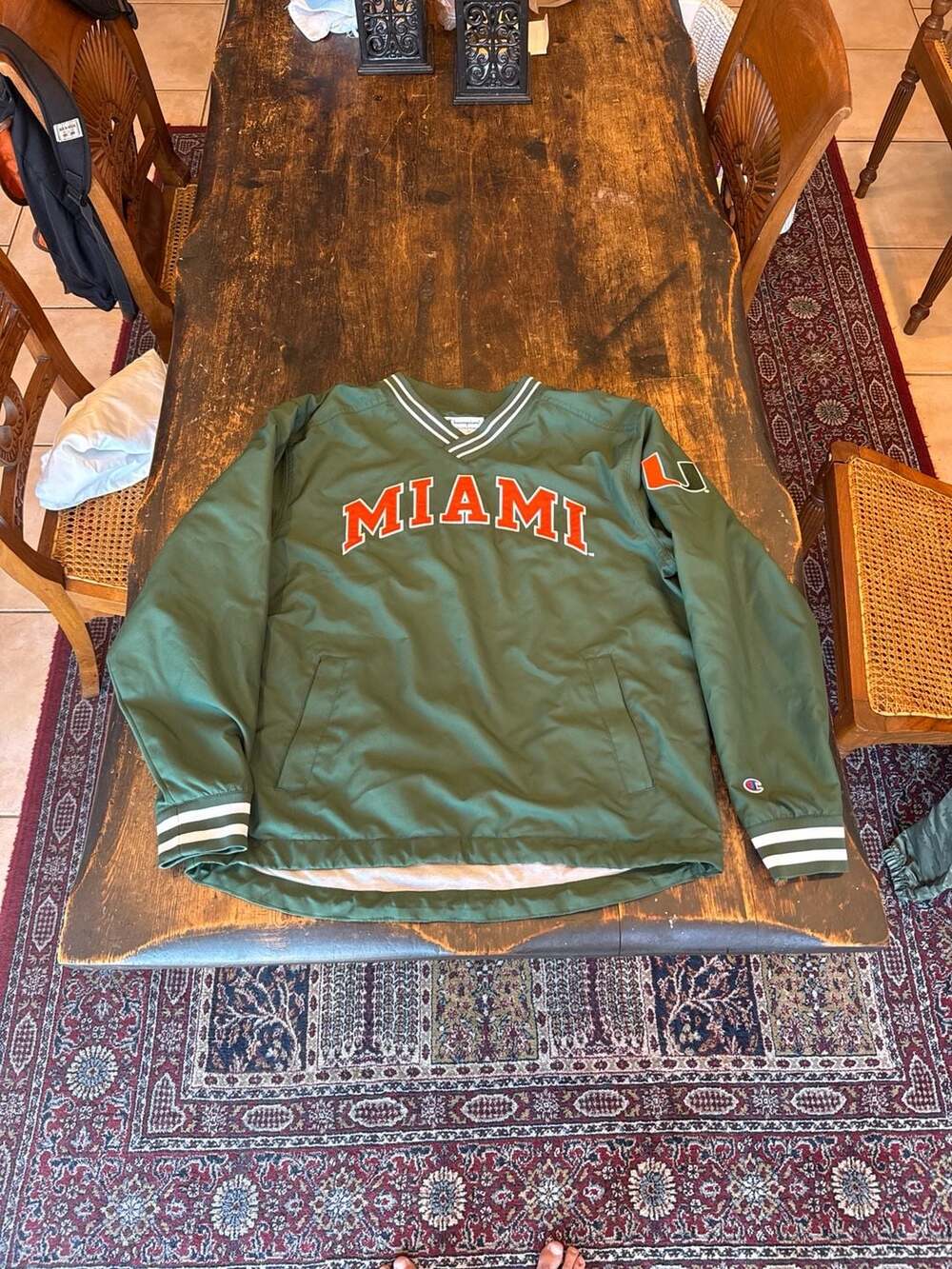 Champion Miami Hurricanes V-Neck Pullover Windbreaker Jacket Medium Green
